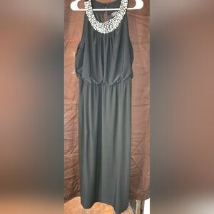 JSP Long Black Dress Sleeveless Faux Pearl Collar Accents Key Hole Back 2x